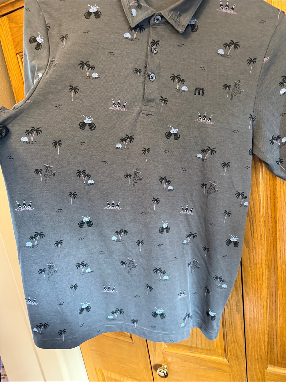 Travis Mathew Gray Palm-Print Polo with Light Blue Accents-Large - Picture 7 of 12